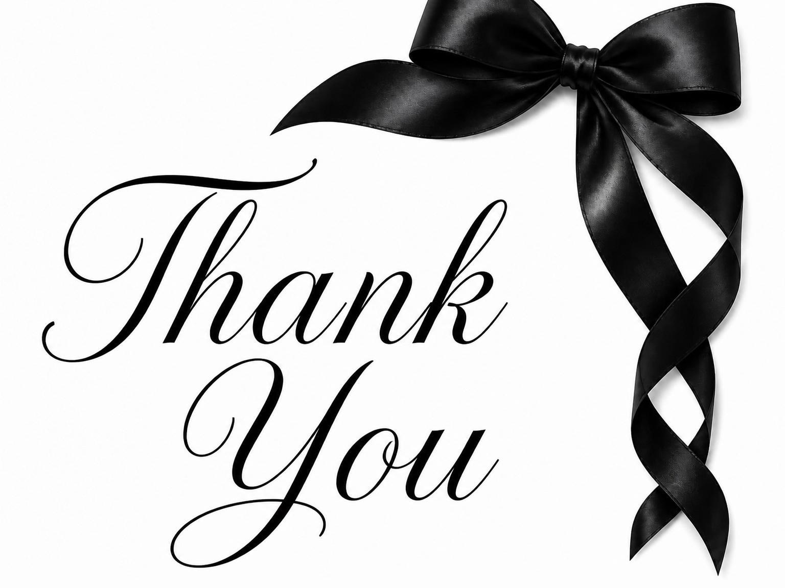 The matching thank-you card for the Black Silk Ribbon Bridal Shower invitation