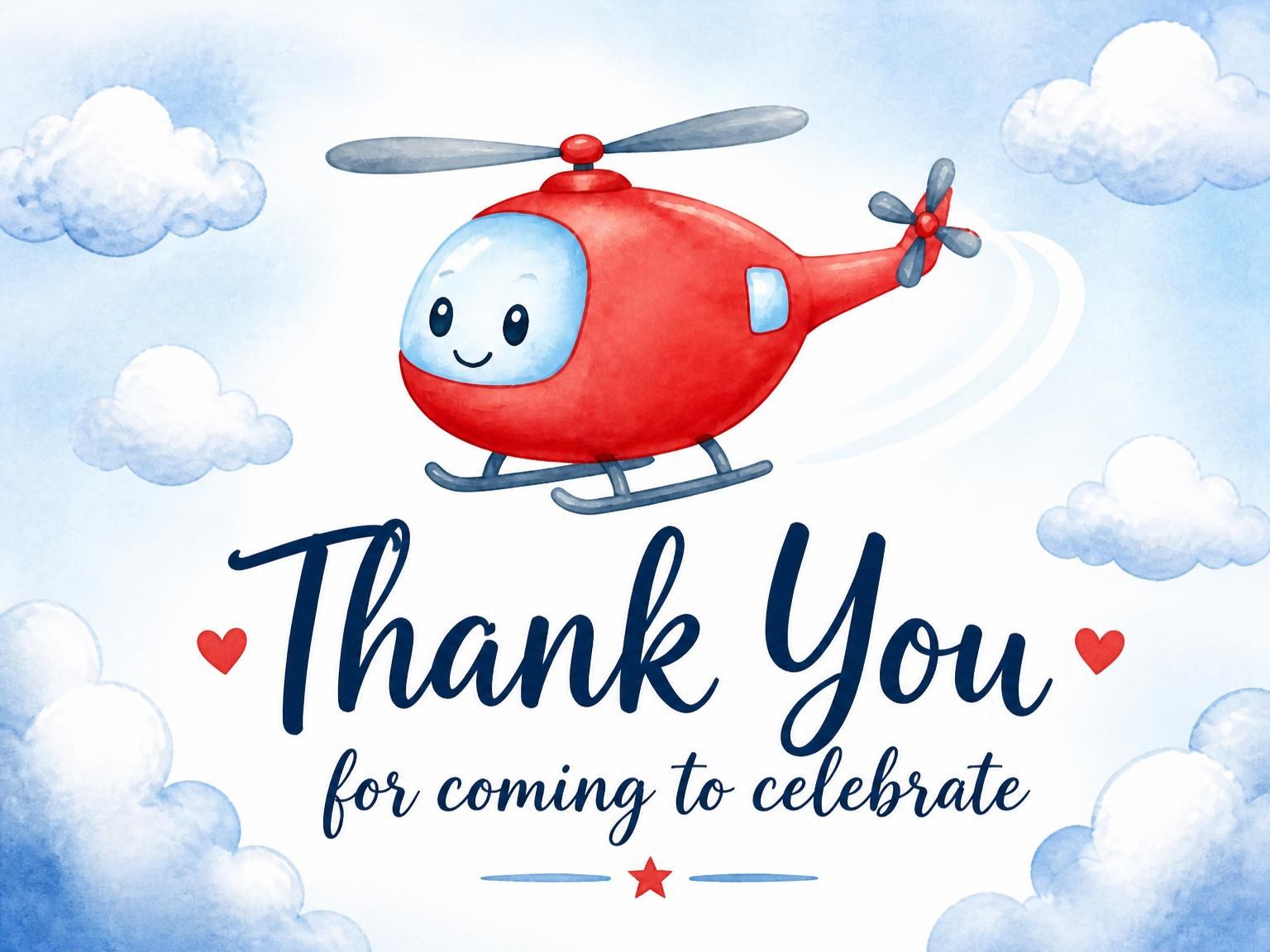 The matching thank-you card for the Red Helicopter Sky 6th Birthday Invitation invitation