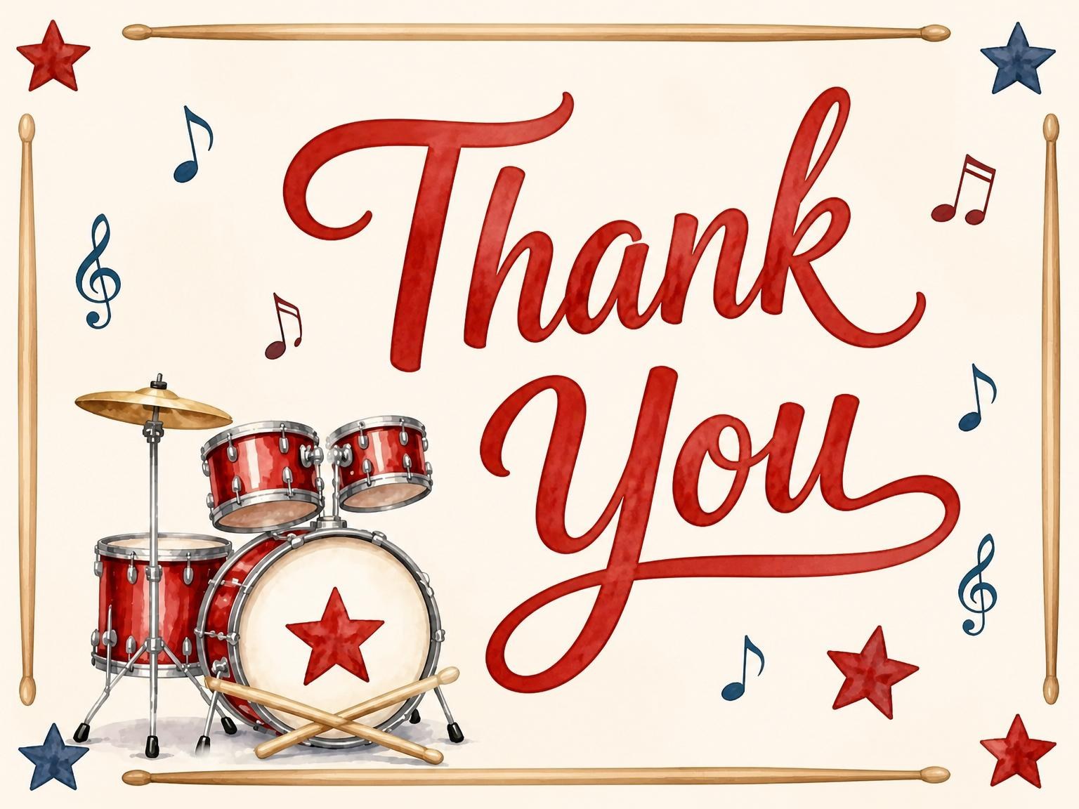 The matching thank-you card for the Red White Blue Drum 4th Birthday invitation