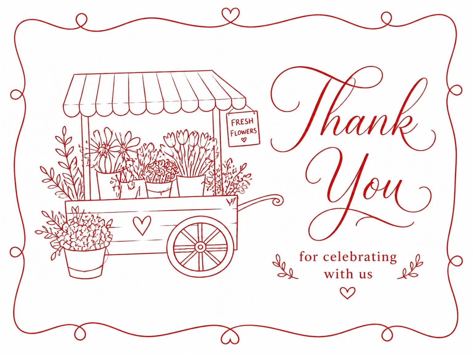 The matching thank-you card for the Red Line Art Flower Market Bridal Shower invitation