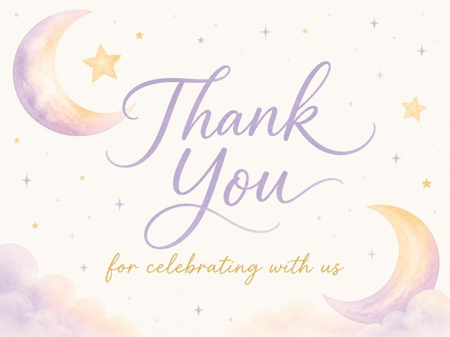 The matching thank-you card for the Watercolor Moon and Star First Birthday invitation