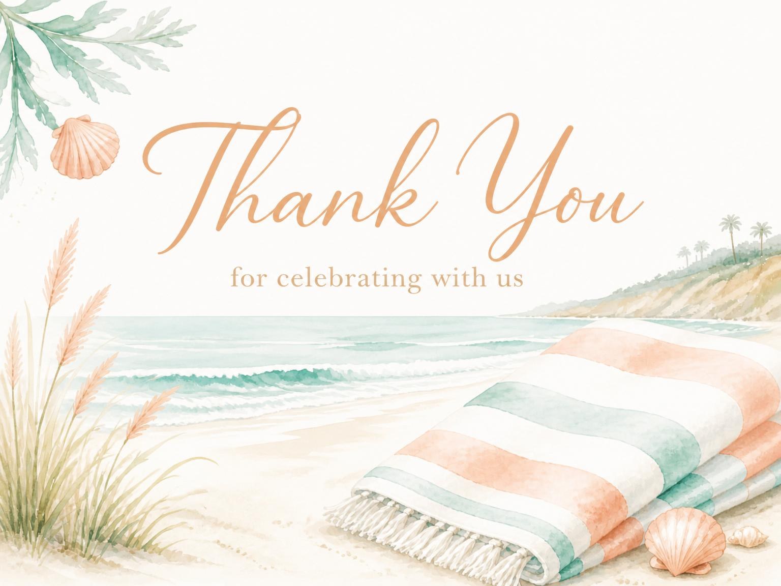 The matching thank-you card for the Watercolor Coastal Shore Beach Party invitation