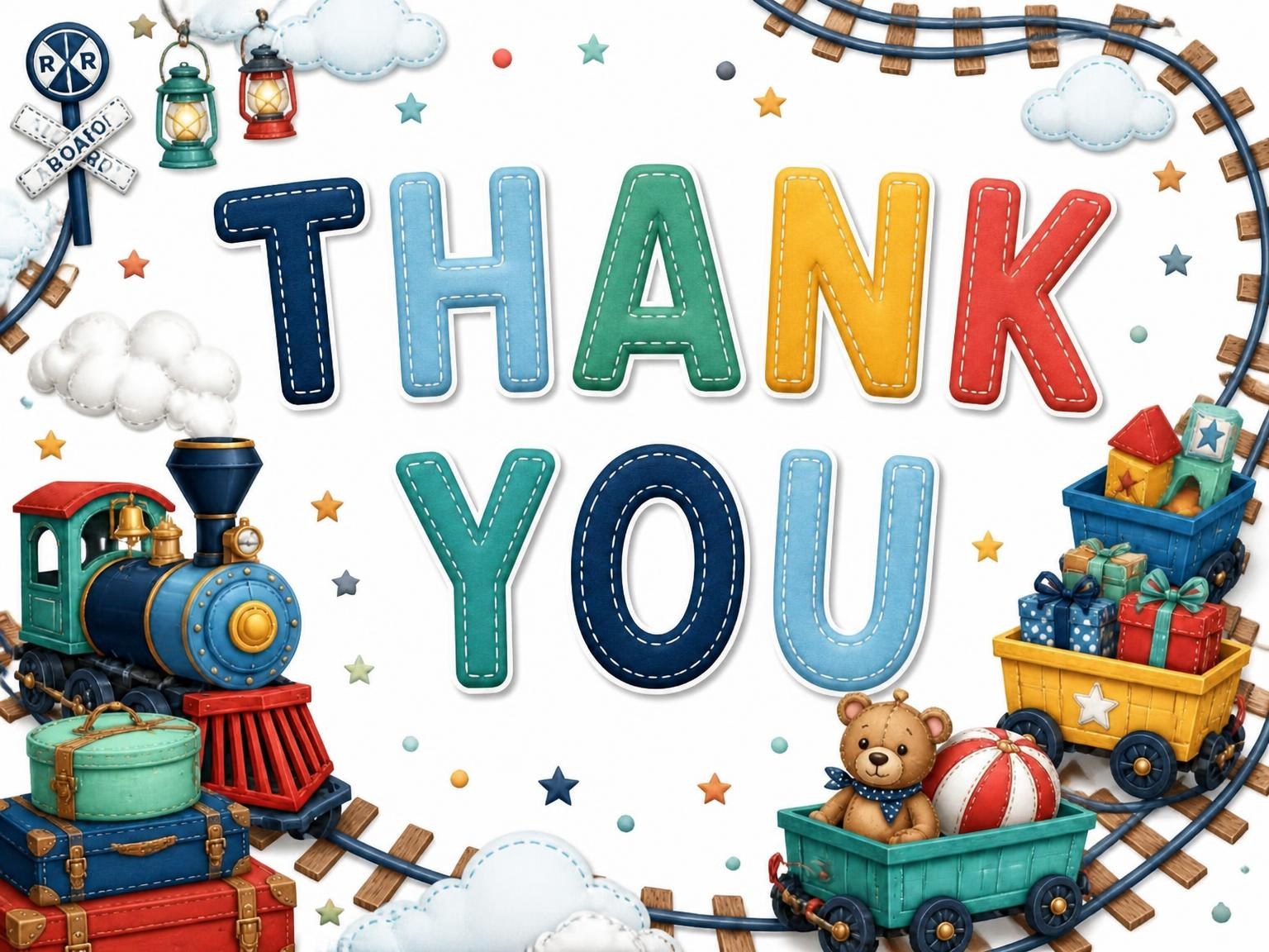 The matching thank-you card for the Stitched Train 1st Birthday Invitation invitation