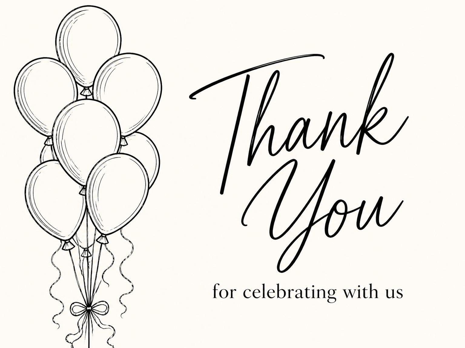 The matching thank-you card for the Black Ink Balloon 65th Birthday Invitation invitation