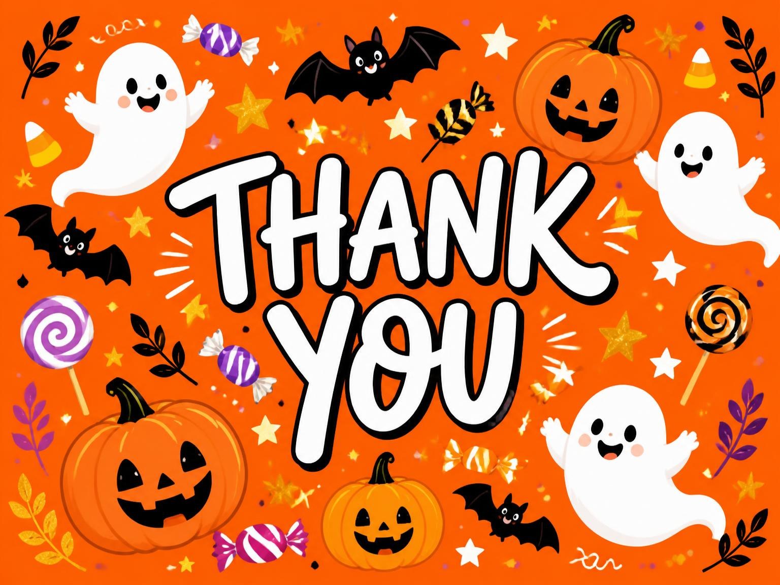 The matching thank-you card for the Orange Pumpkin Ghost Halloween Party invitation