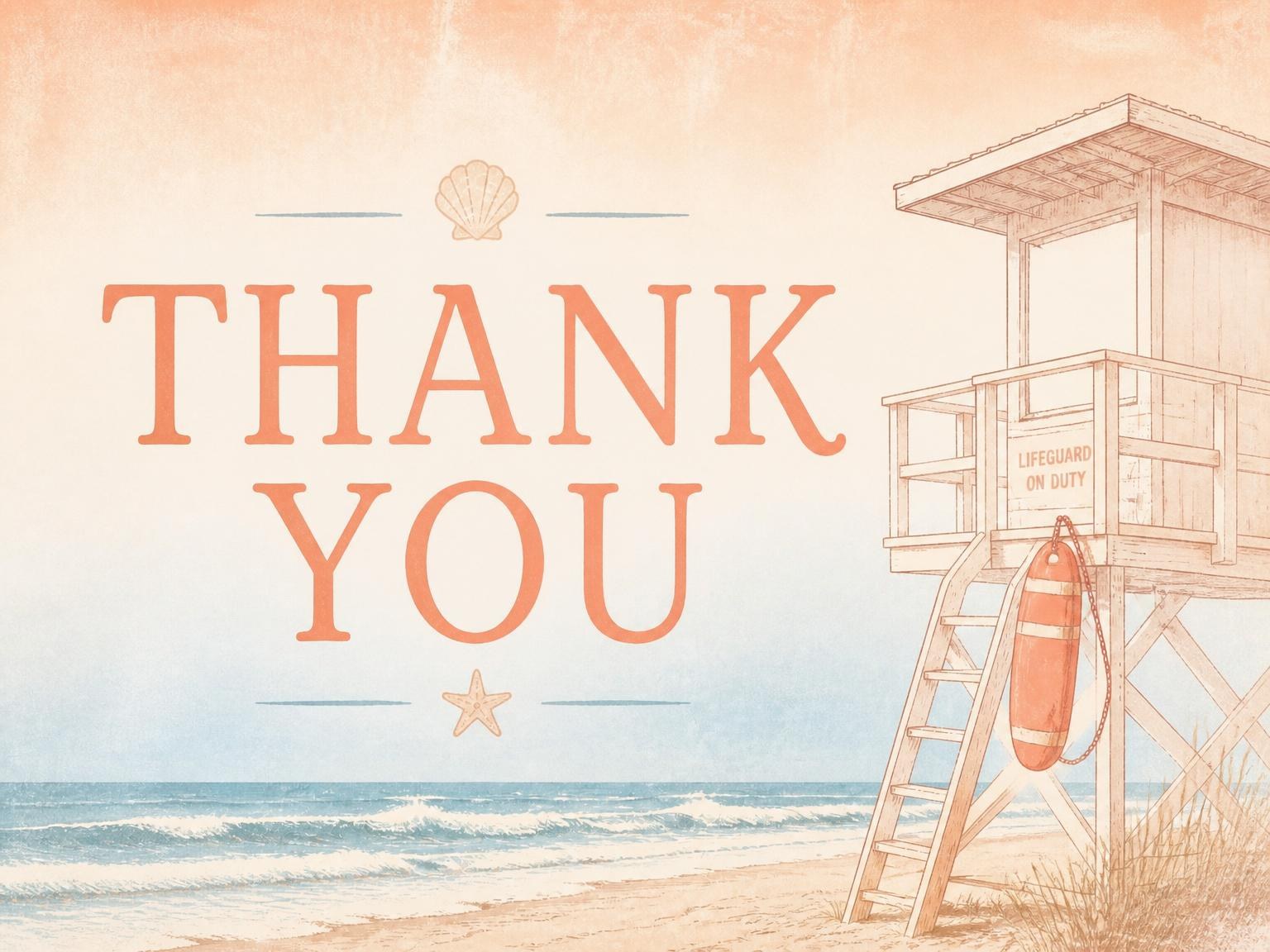 The matching thank-you card for the Vintage Etched Lifeguard Beach Party invitation