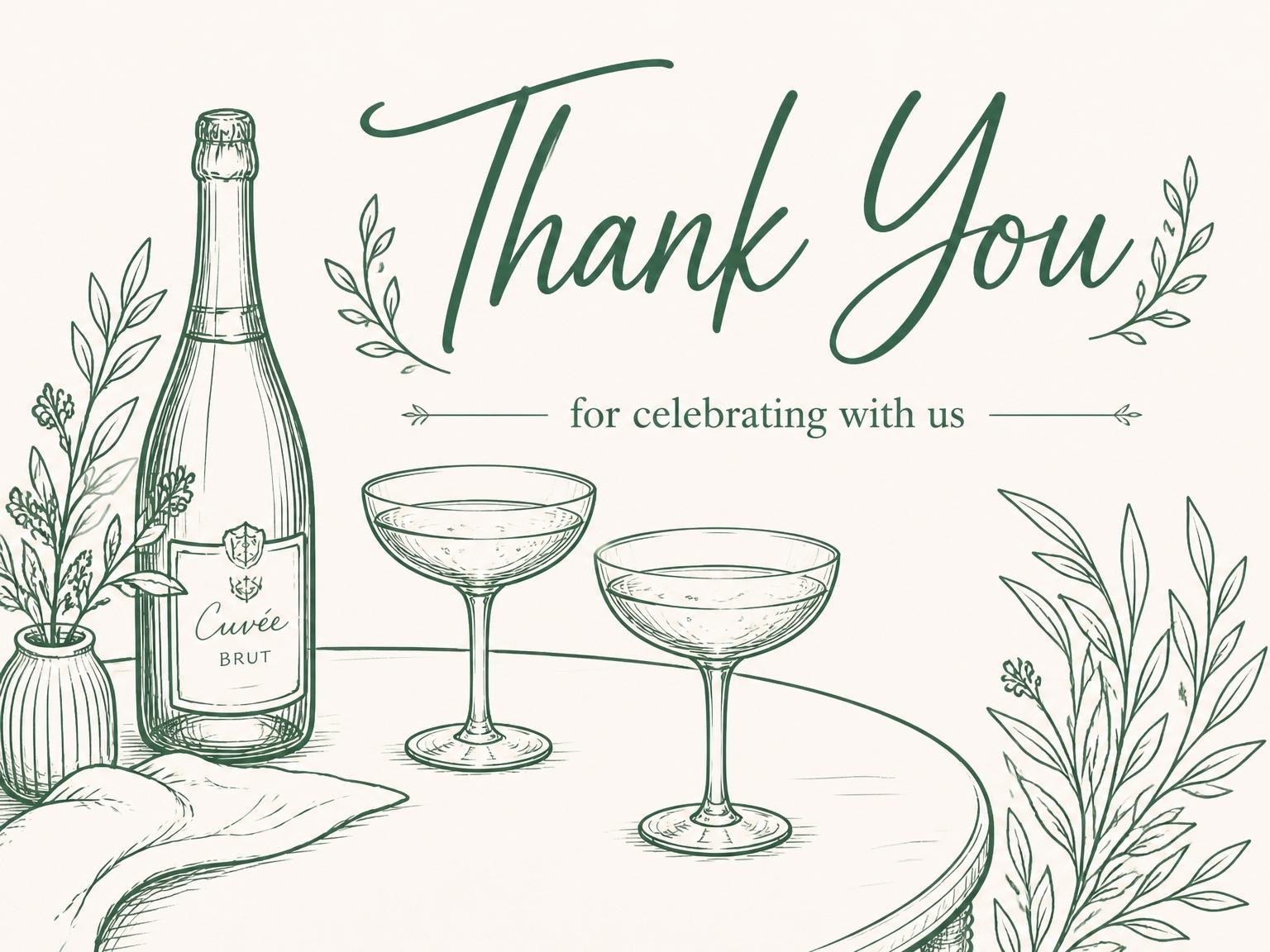 The matching thank-you card for the Forest Green Champagne Line-Art 50th Birthday invitation