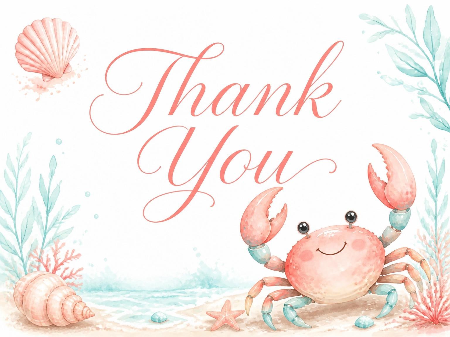 The matching thank-you card for the Watercolor Crab Beach Party Invitation invitation