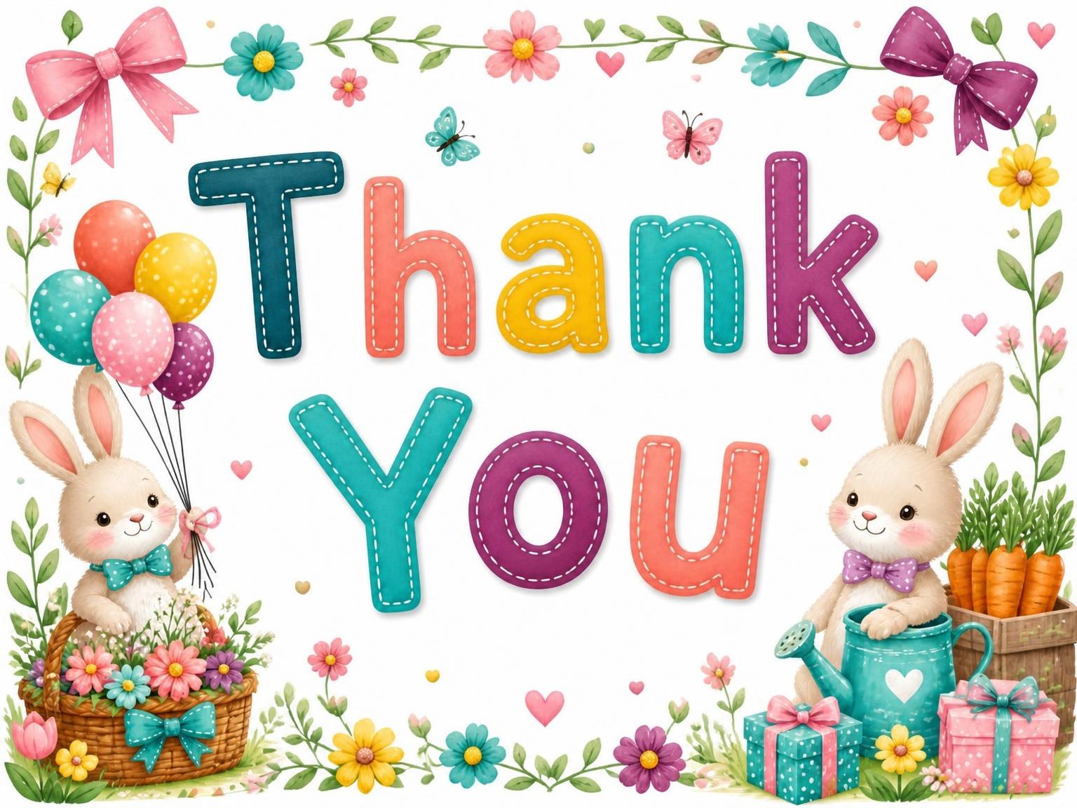 The matching thank-you card for the Stitched Bunny Garden 4th Birthday Invitation invitation