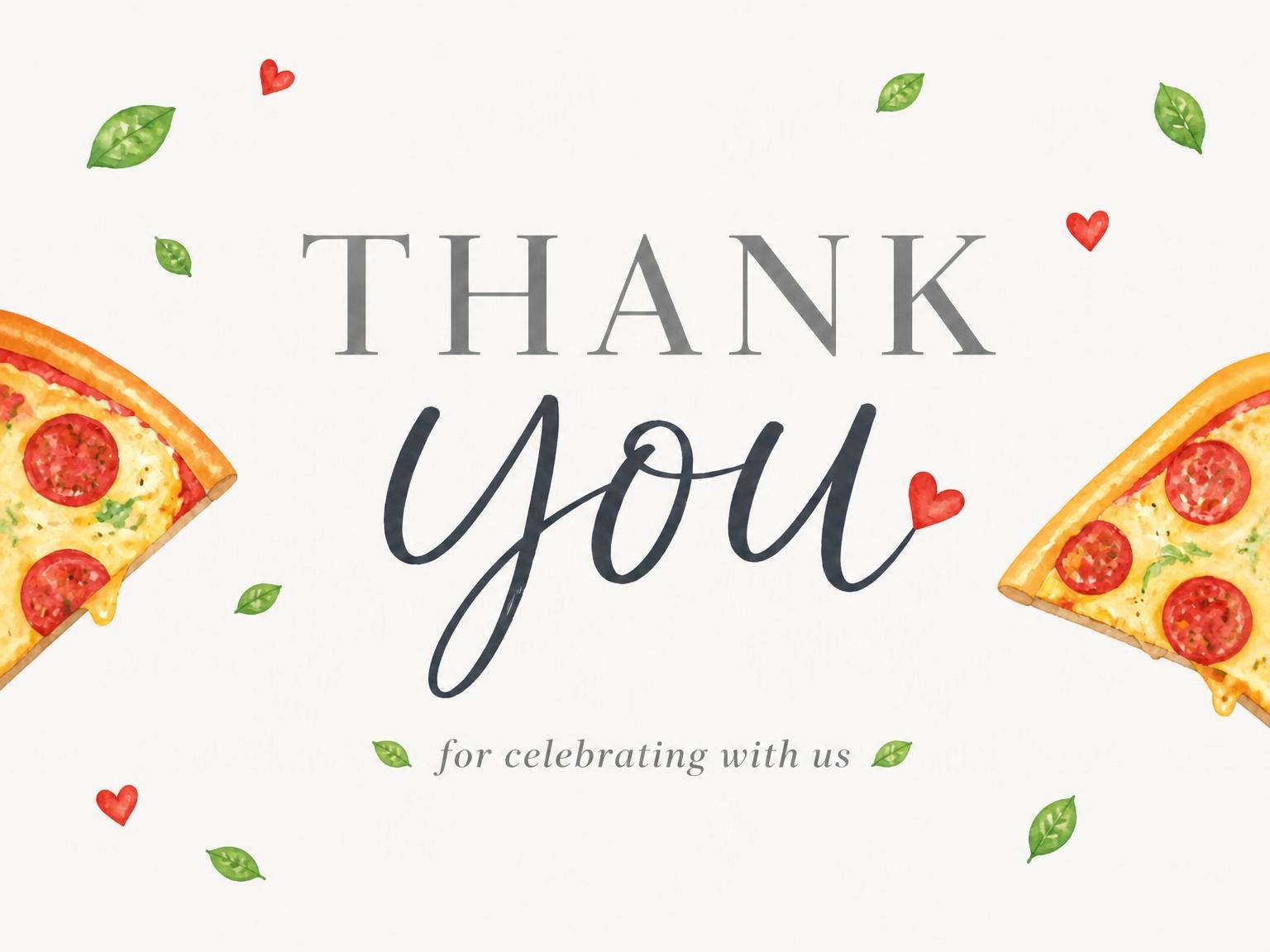 The matching thank-you card for the Slice of Fun Pizza 1st Birthday invitation