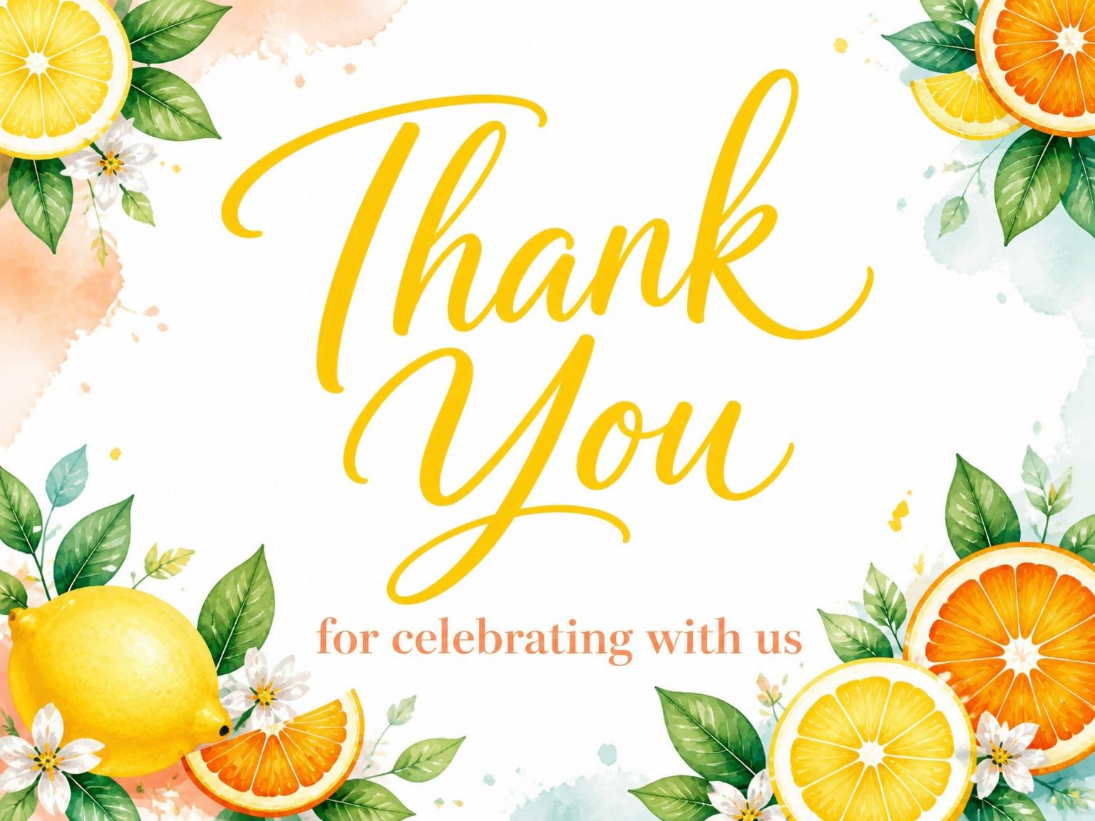 The matching thank-you card for the Watercolor Citrus Beach Summer Party invitation