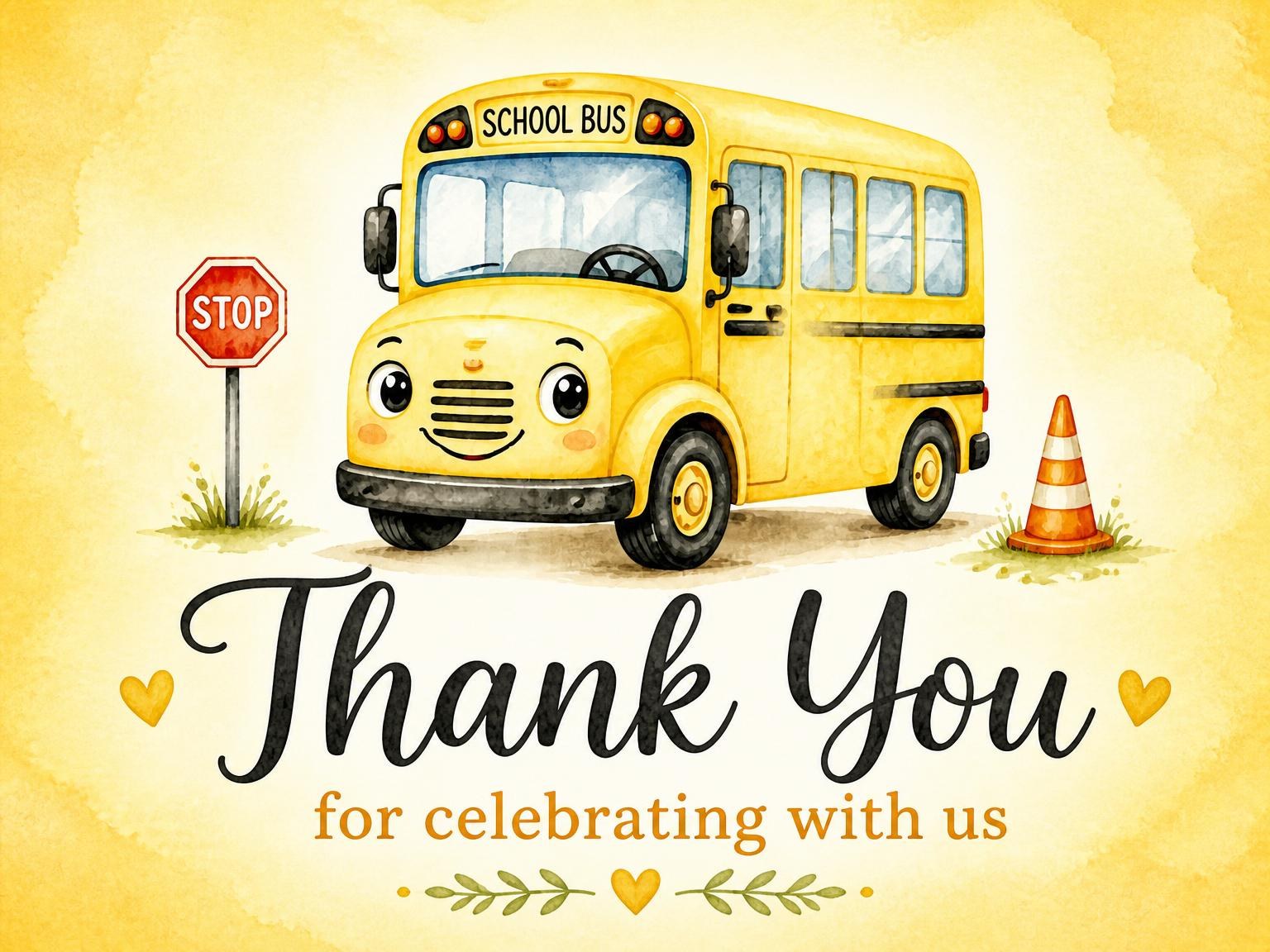 The matching thank-you card for the Watercolor School Bus 3rd Birthday invitation