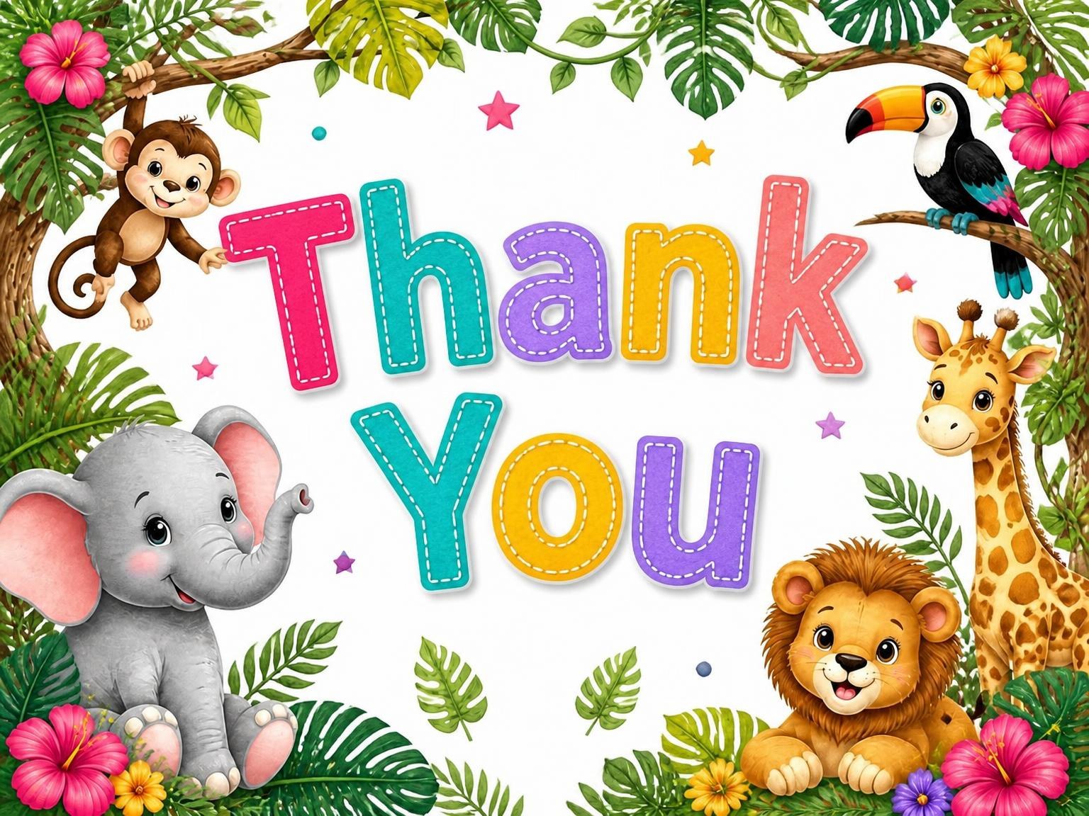The matching thank-you card for the Jungle Animal Safari 1st Birthday invitation