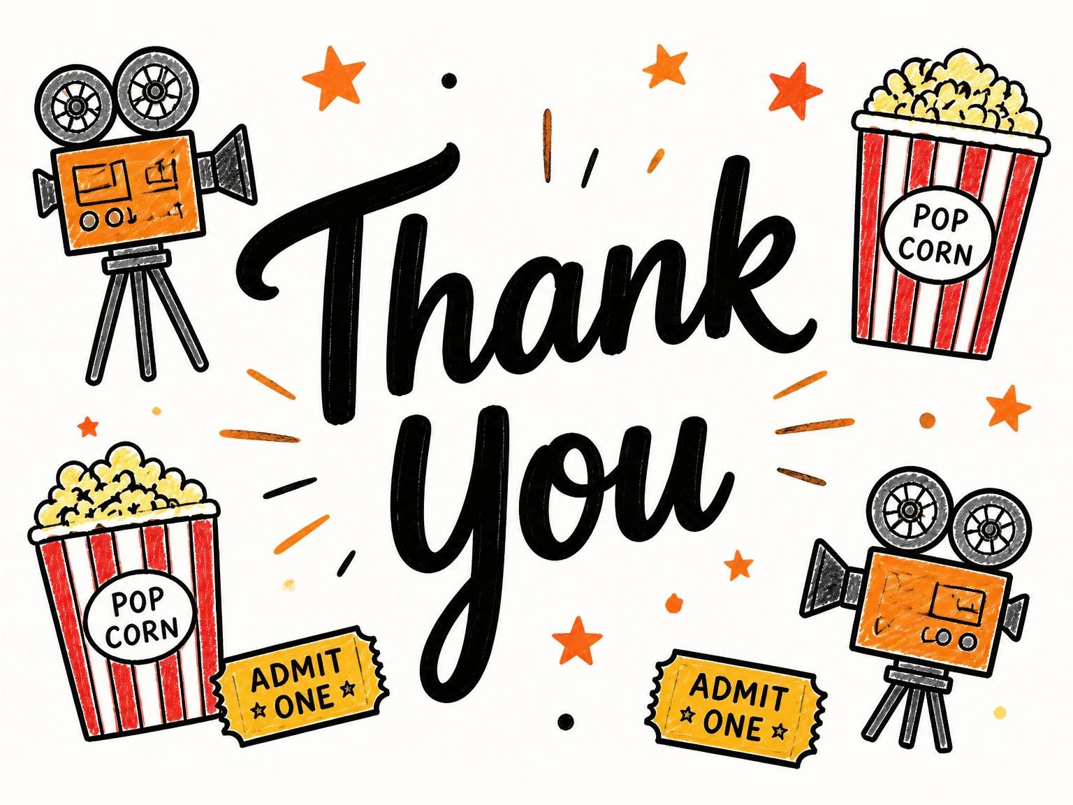 The matching thank-you card for the Crayon Sketch Movie Theater 8th Birthday invitation