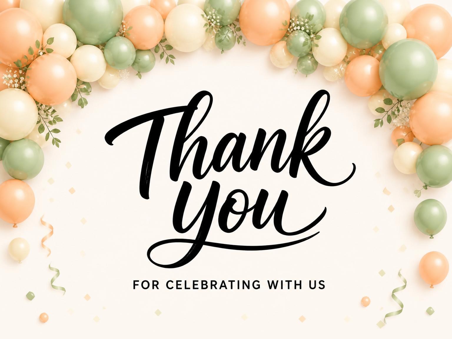 The matching thank-you card for the Sage and Peach Balloon 10th Birthday invitation