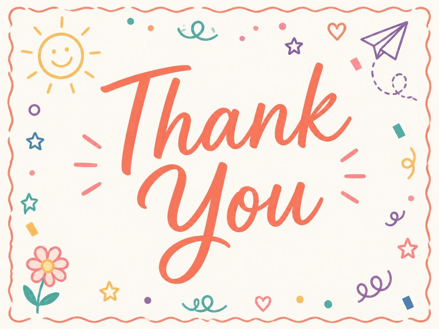 The matching thank-you card for the Multicolor Doodle 1st Birthday Invitation invitation