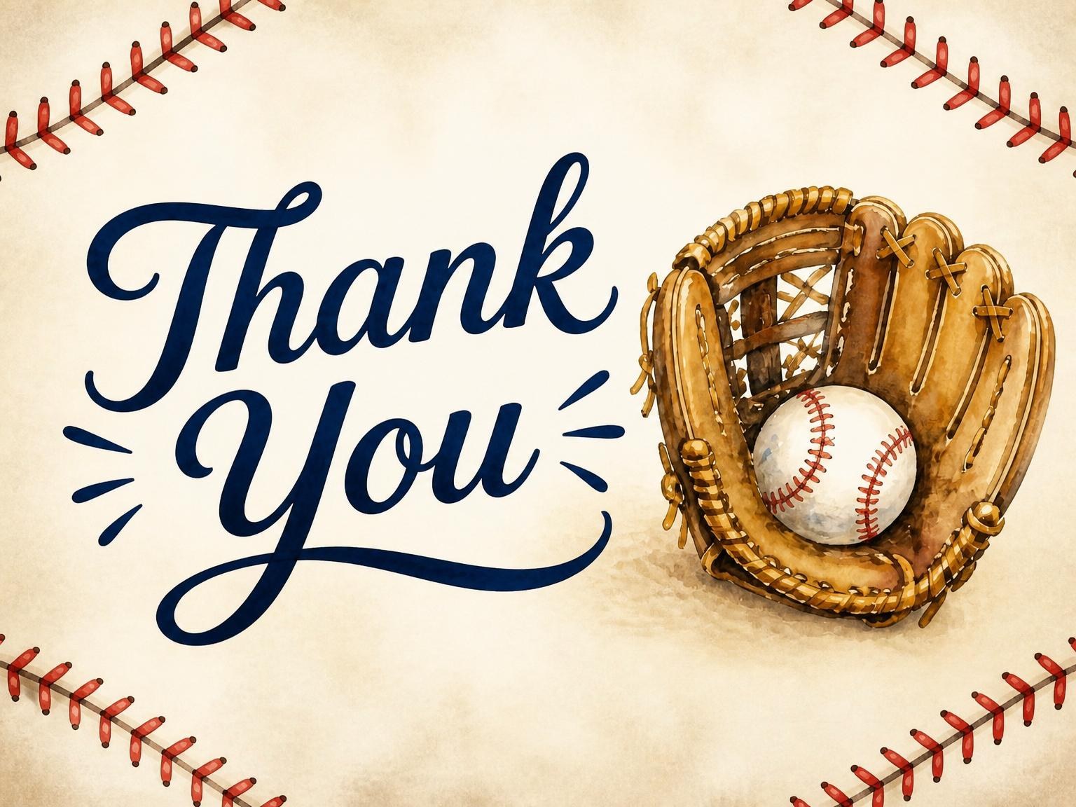 The matching thank-you card for the Watercolor Baseball Glove 7th Birthday invitation
