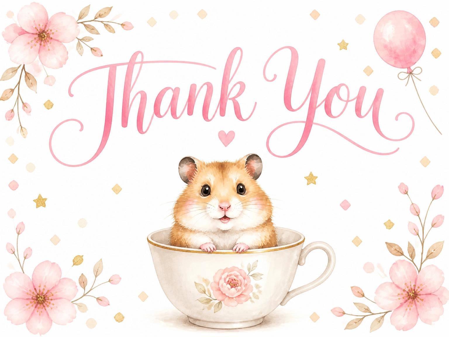 The matching thank-you card for the Watercolor Teacup Hamster First Birthday invitation