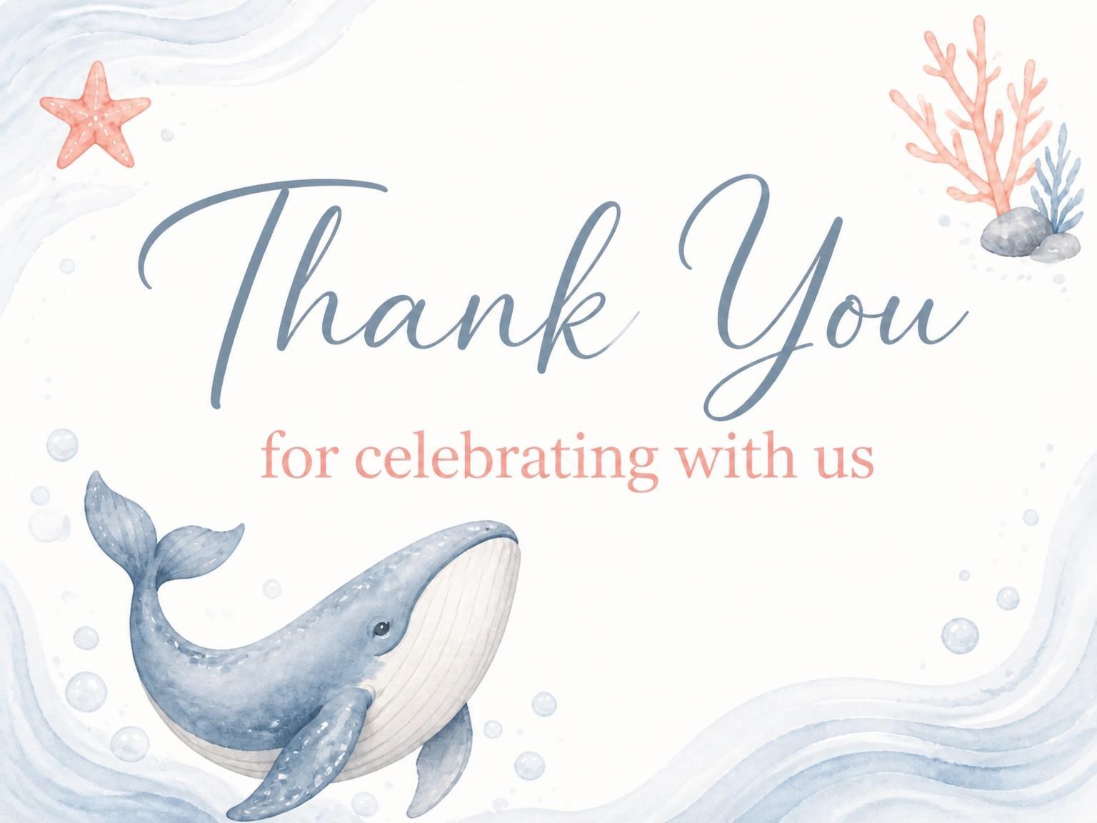 The matching thank-you card for the Blue Watercolor Whale Baby Shower invitation