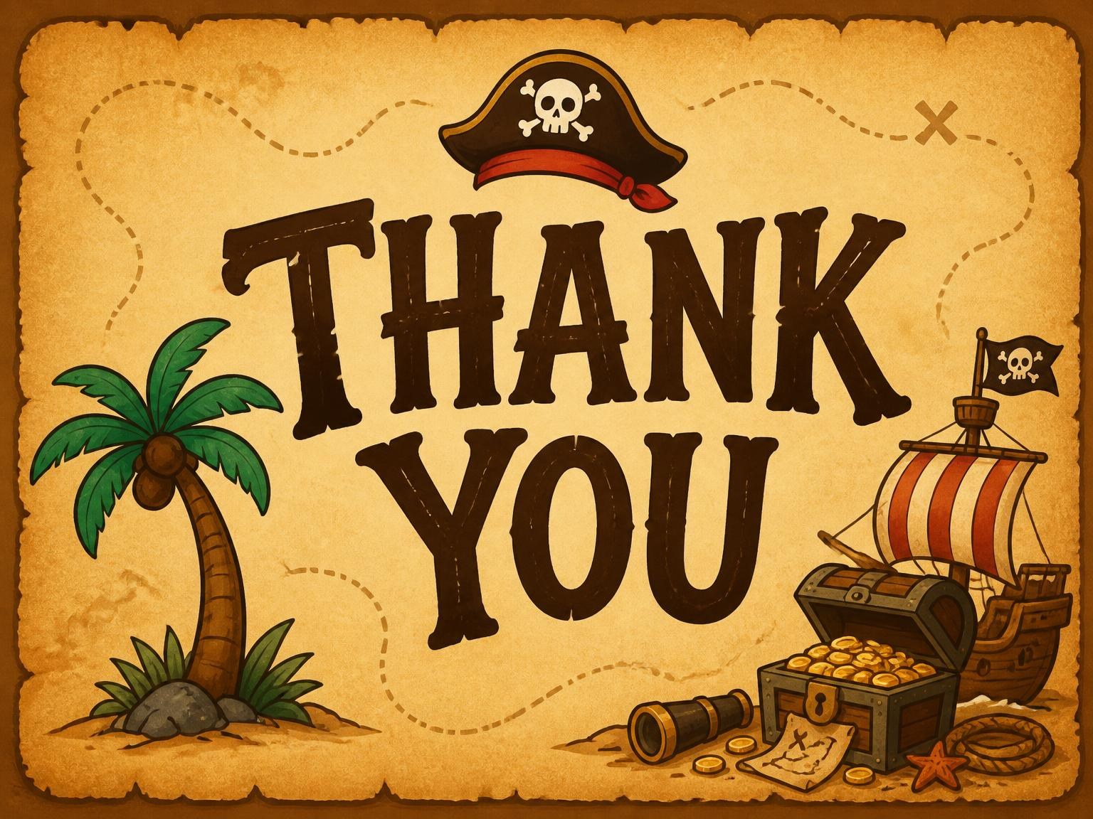 The matching thank-you card for the Aged Parchment Pirate Mascot 6th Birthday invitation