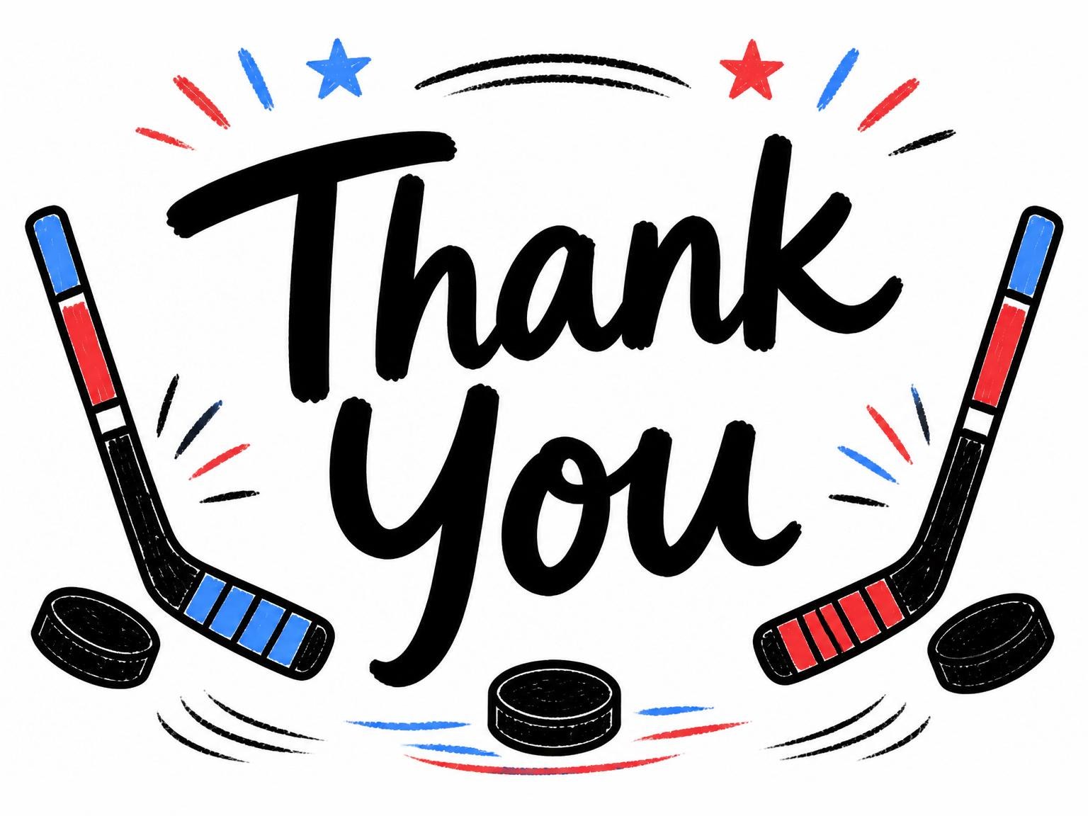 The matching thank-you card for the Crayon Hockey Stick 6th Birthday Invitation invitation