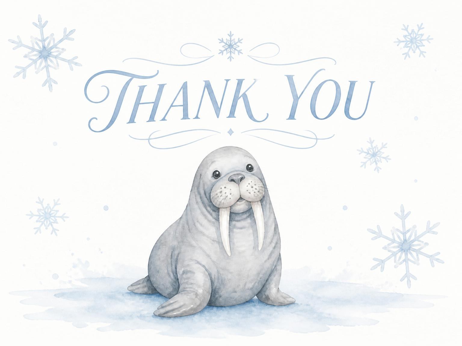 The matching thank-you card for the Watercolor Arctic Walrus 5th Birthday invitation