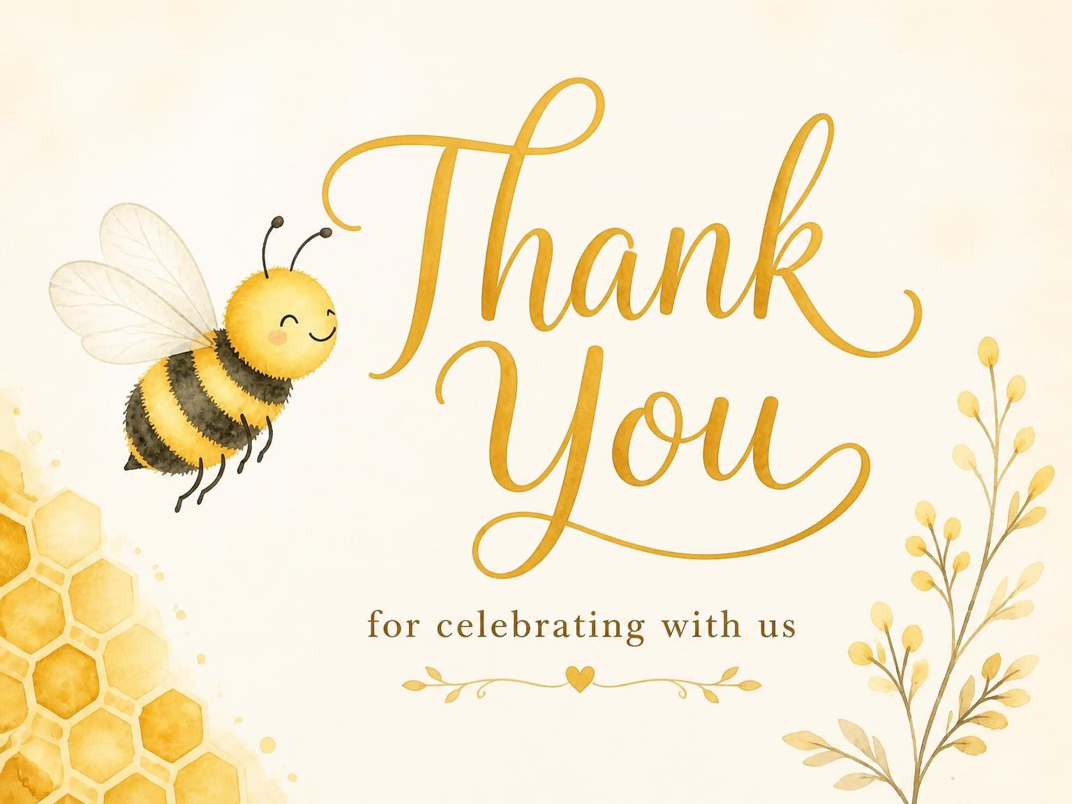 The matching thank-you card for the Watercolor Bee Golden Honeycomb 1st Birthday invitation