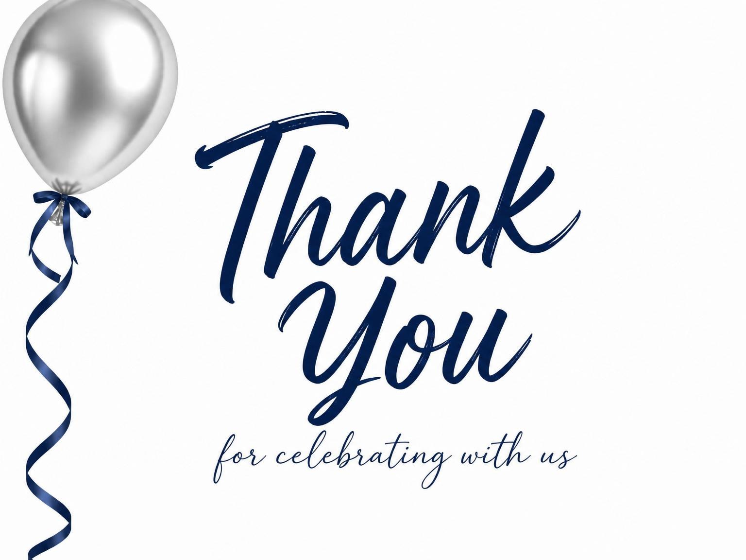 The matching thank-you card for the Silver Balloon Navy Ribbon 70th Birthday invitation