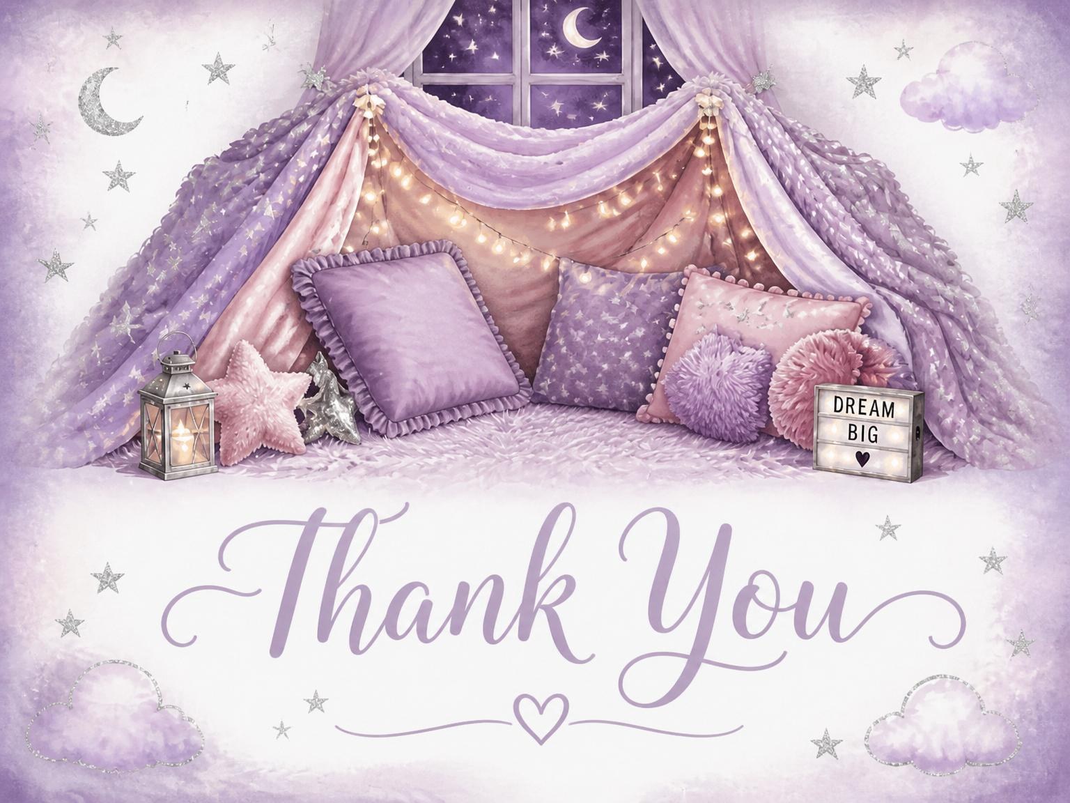 The matching thank-you card for the Lavender Watercolor Blanket Fort Sleepover invitation