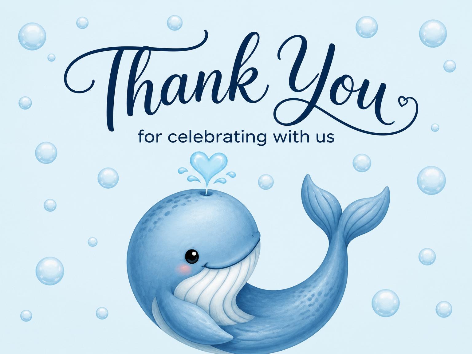 The matching thank-you card for the Blue Watercolor Whale 1st Birthday invitation