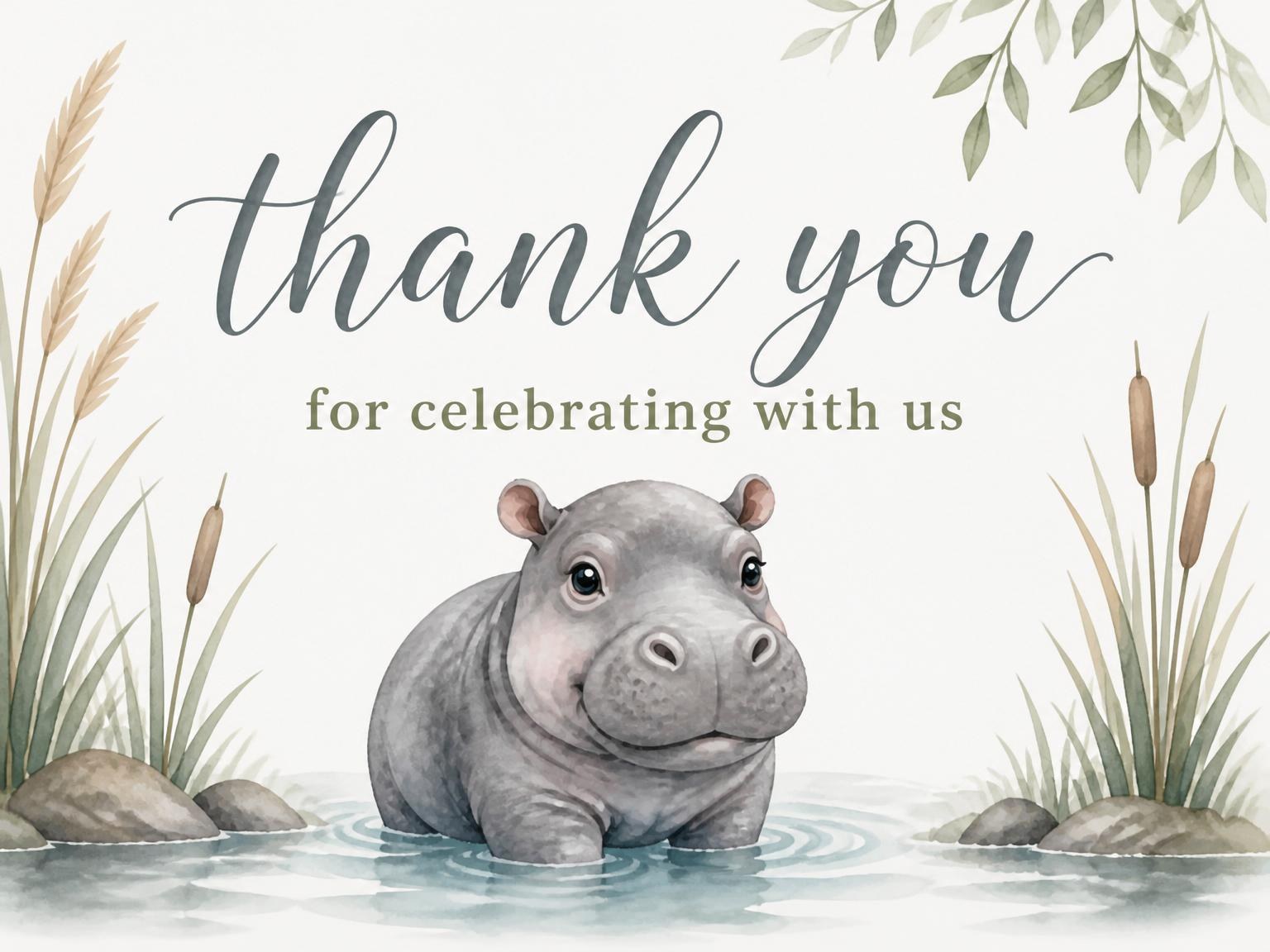 The matching thank-you card for the Watercolor Hippo Pond 2nd Birthday Invitation invitation