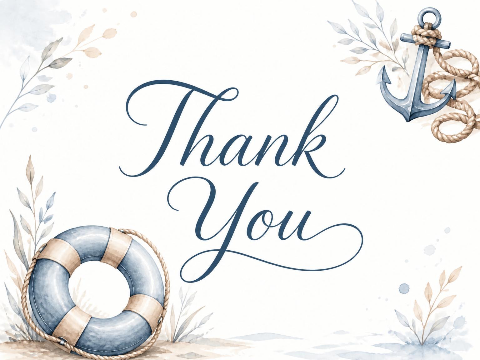 The matching thank-you card for the Watercolor Anchor Life Ring Baby Shower invitation