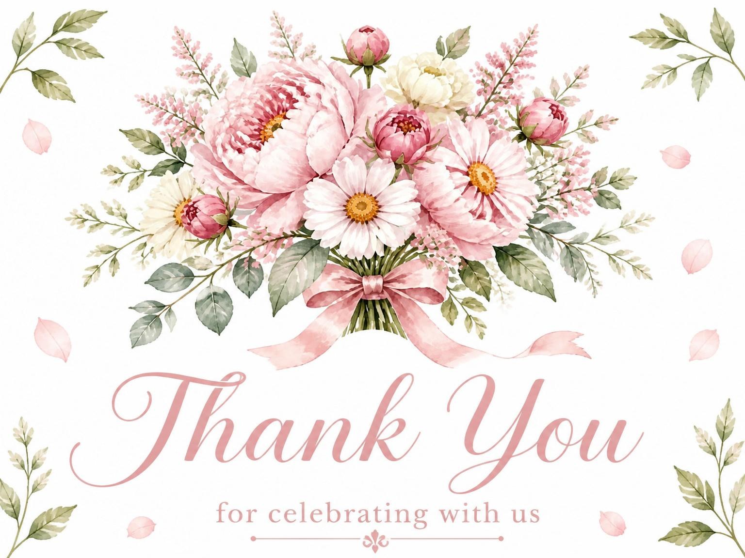 The matching thank-you card for the Watercolor Peony and Daisy 2nd Birthday invitation