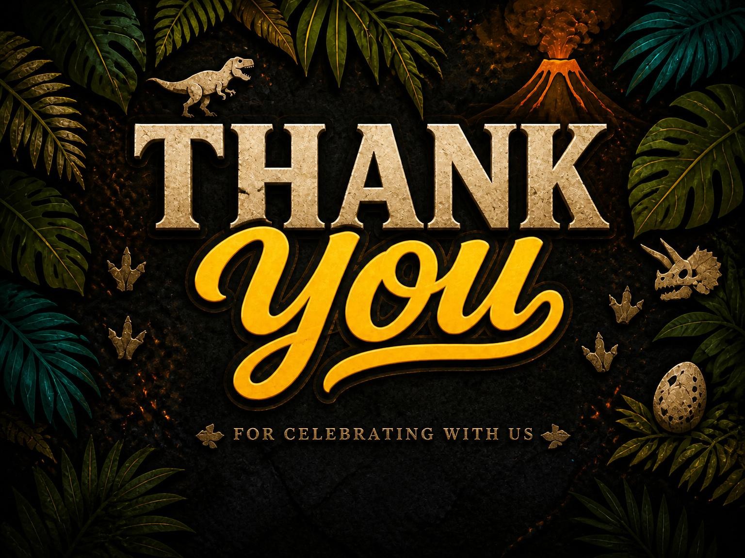 The matching thank-you card for the Dino-Mite Volcano 5th Birthday Roar invitation