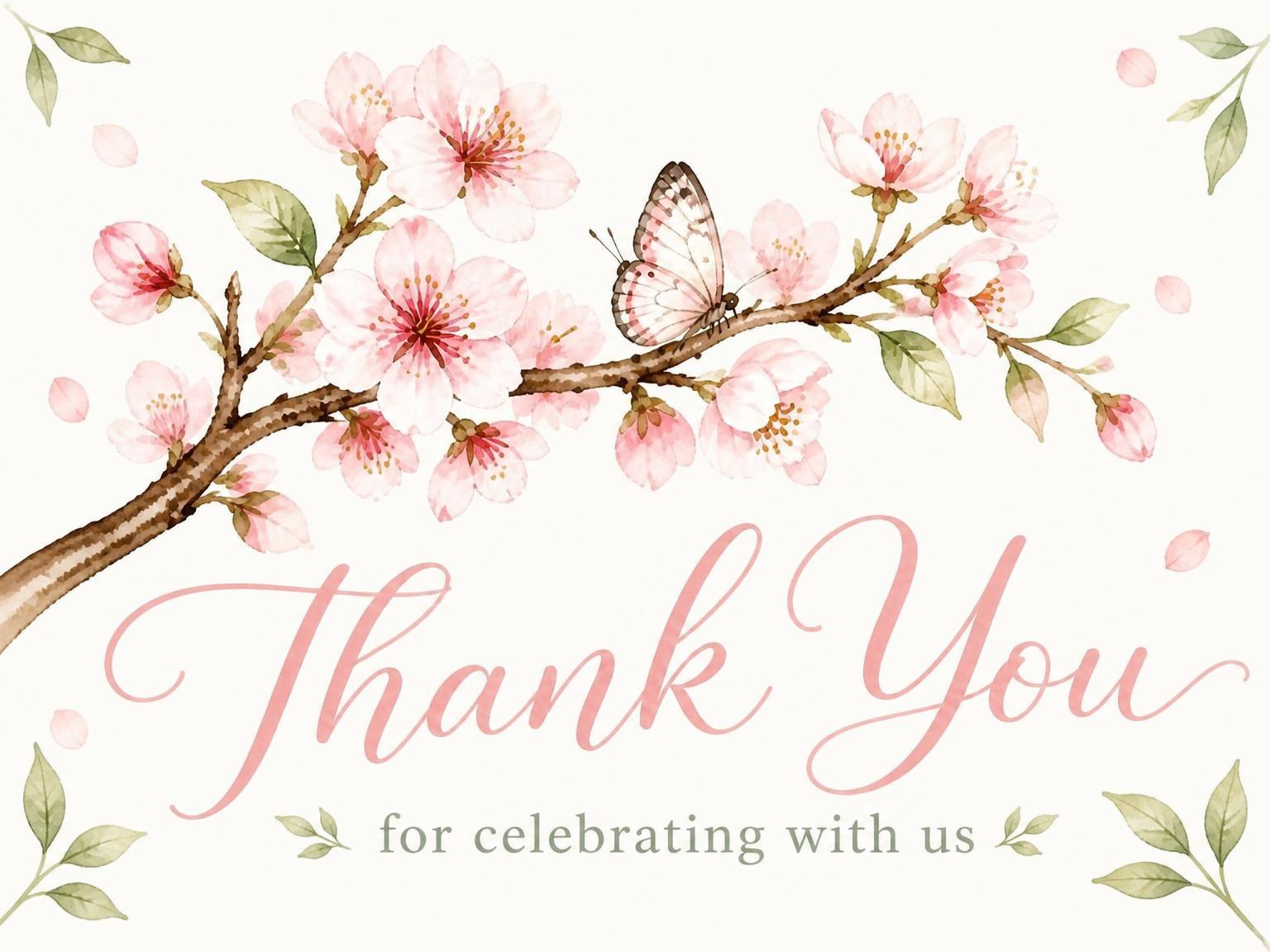 The matching thank-you card for the Watercolor Cherry Blossom Butterfly 1st Birthday invitation