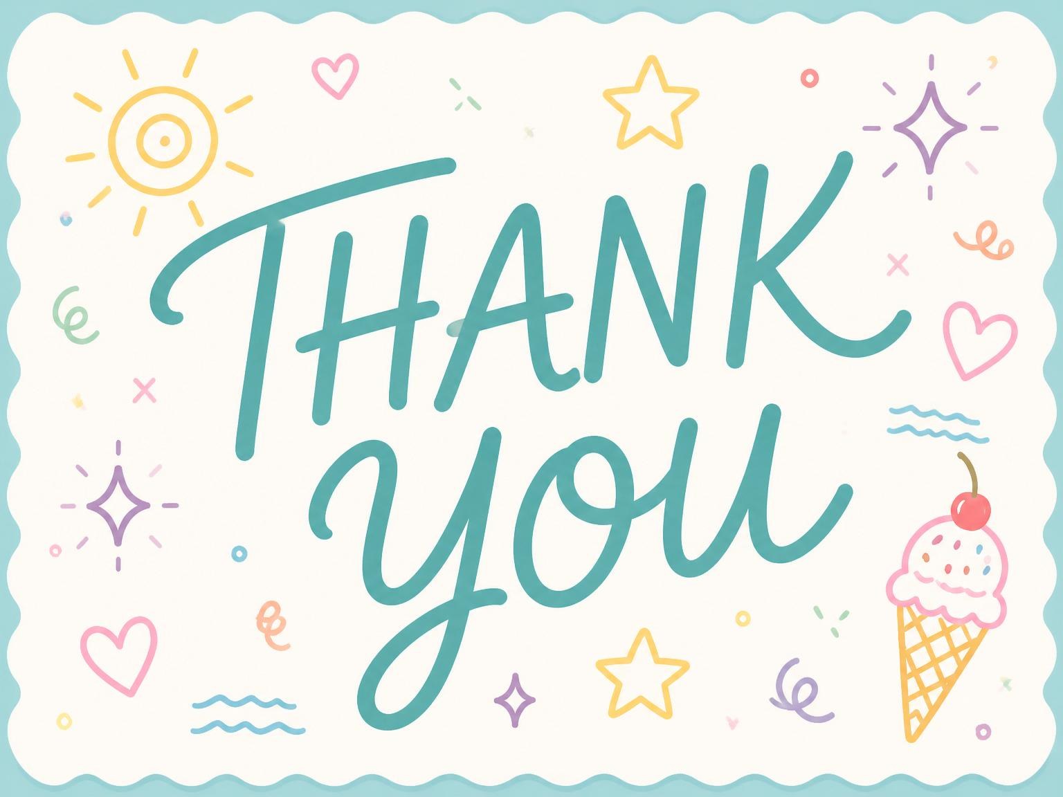 The matching thank-you card for the Pastel Doodle Scalloped Pool 15th Birthday invitation