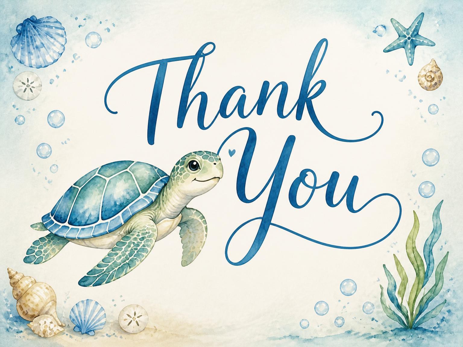 The matching thank-you card for the Watercolor Sea Turtle 4th Birthday invitation