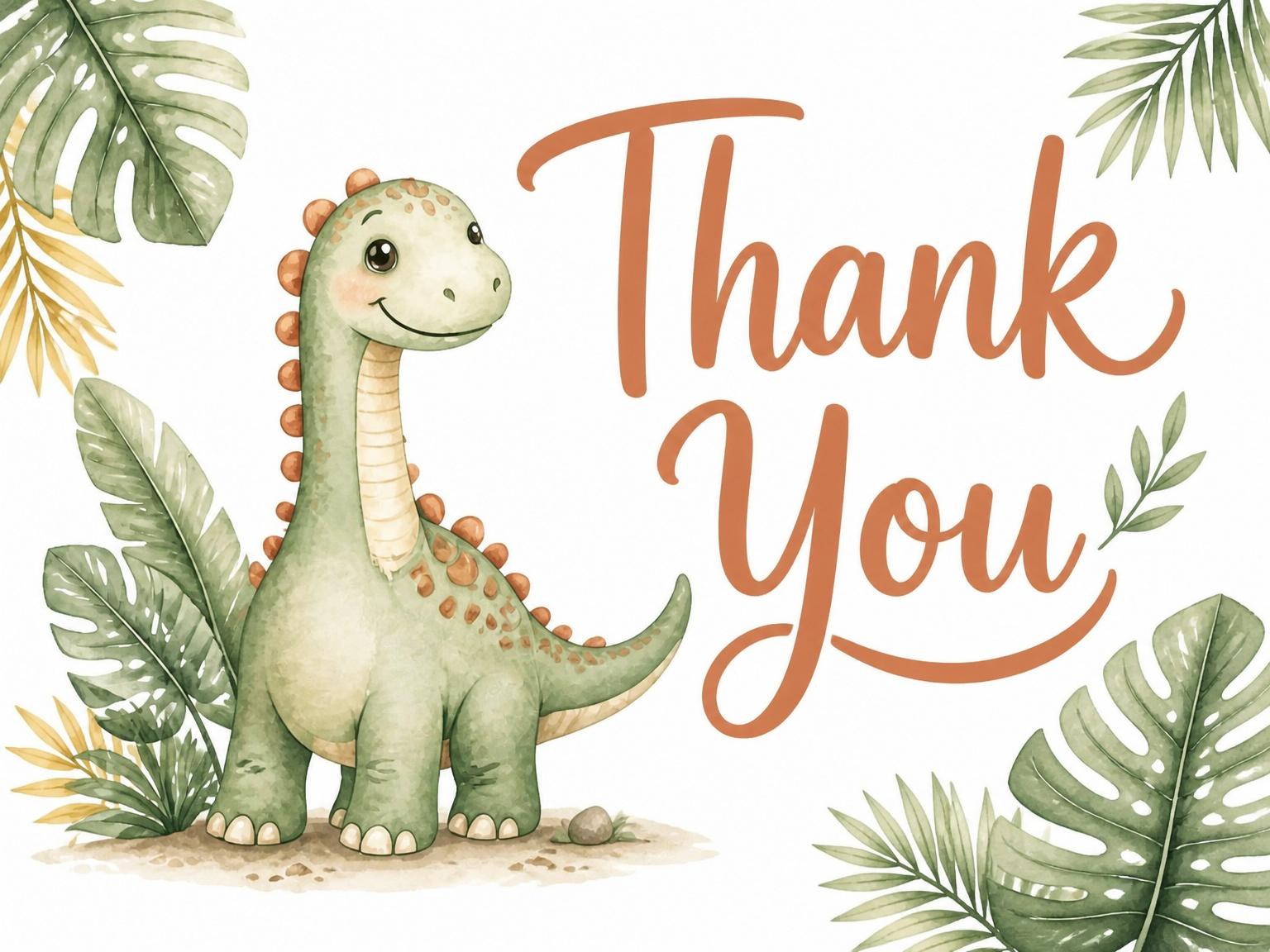 The matching thank-you card for the Watercolor Dinosaur Jungle 5th Birthday invitation