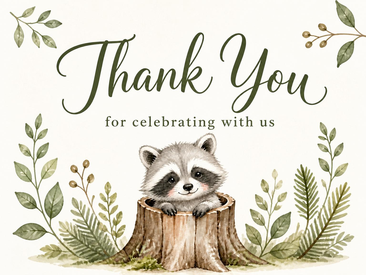 The matching thank-you card for the Watercolor Raccoon Woodland 2nd Birthday invitation