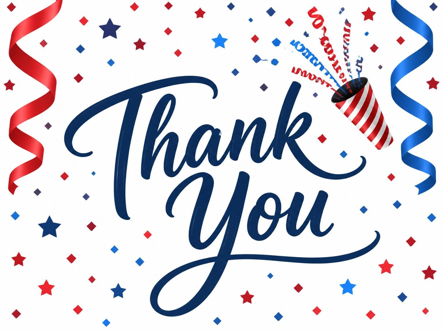The matching thank-you card for the Red and Blue Streamer 25th Birthday invitation
