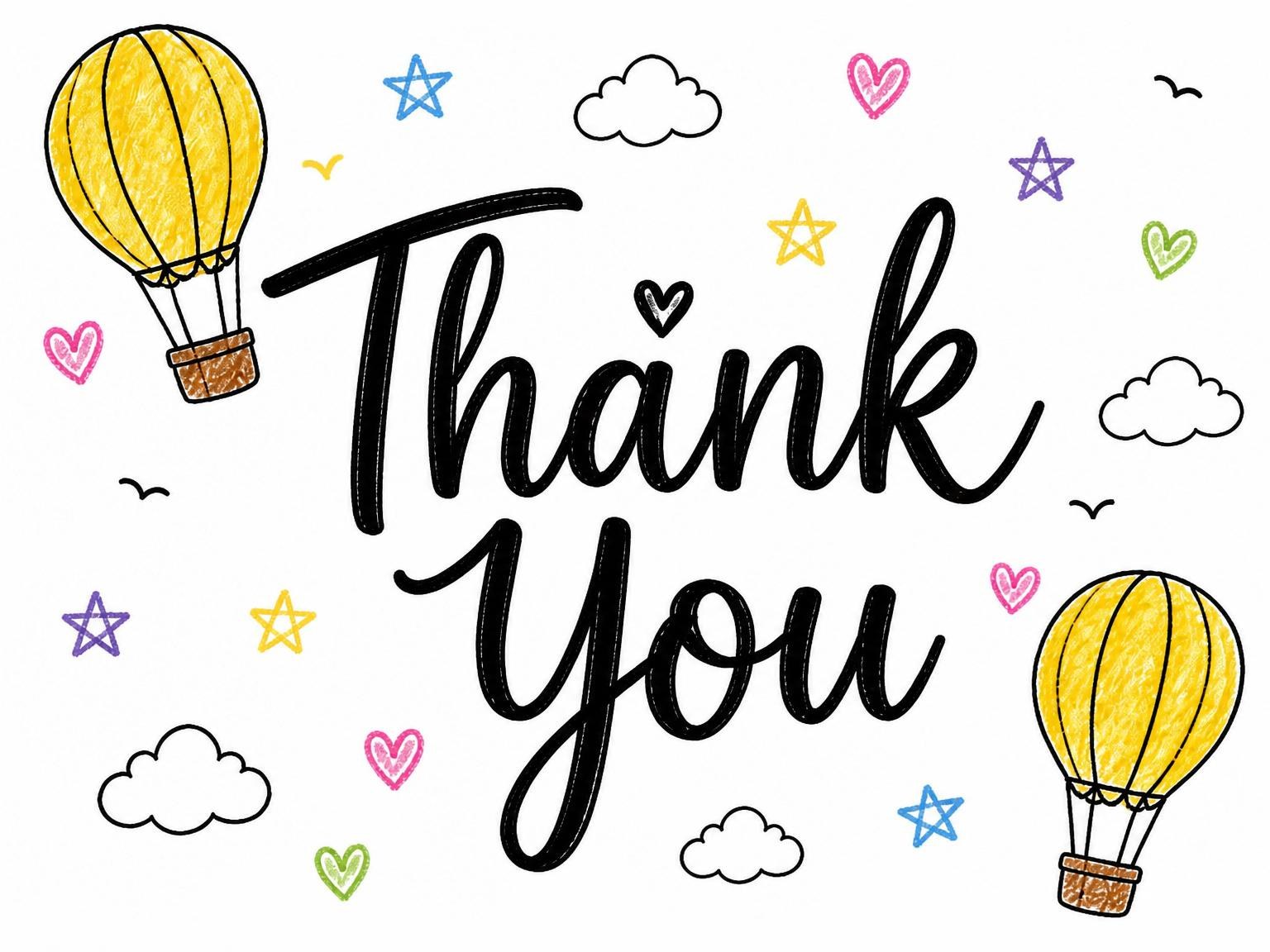 The matching thank-you card for the Crayon Doodle Hot Air Balloon 1st Birthday invitation