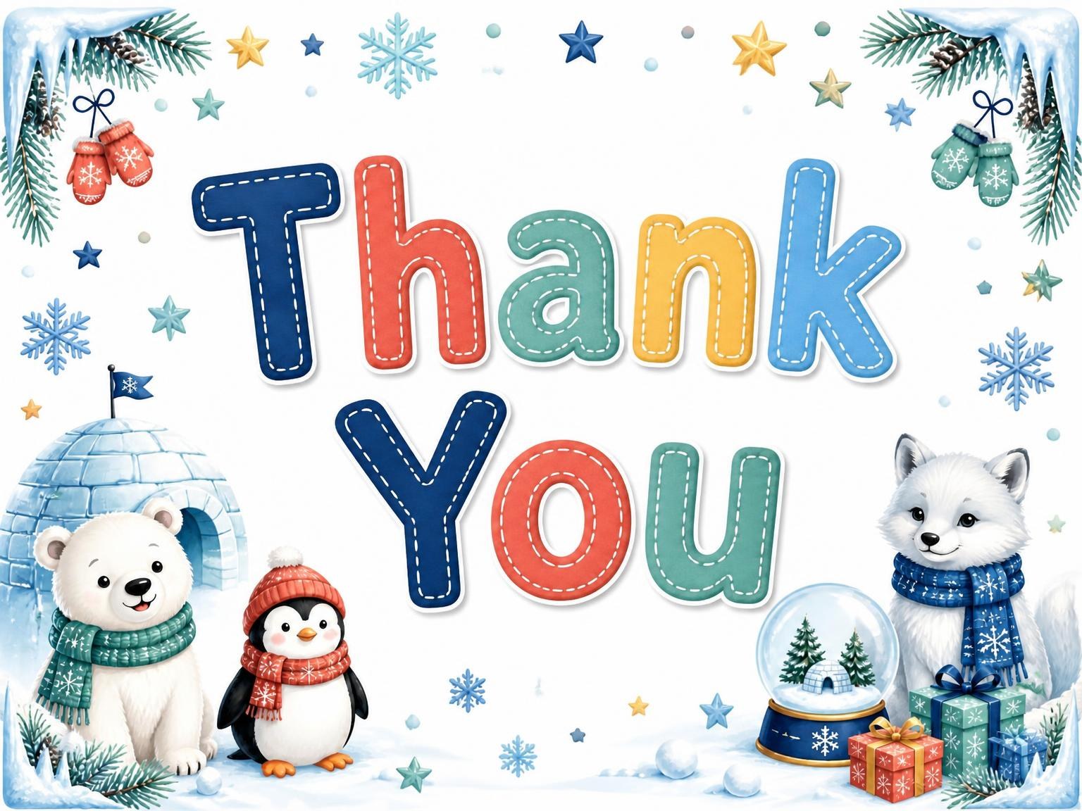The matching thank-you card for the Stitched Winter Polar 5th Birthday Invitation invitation