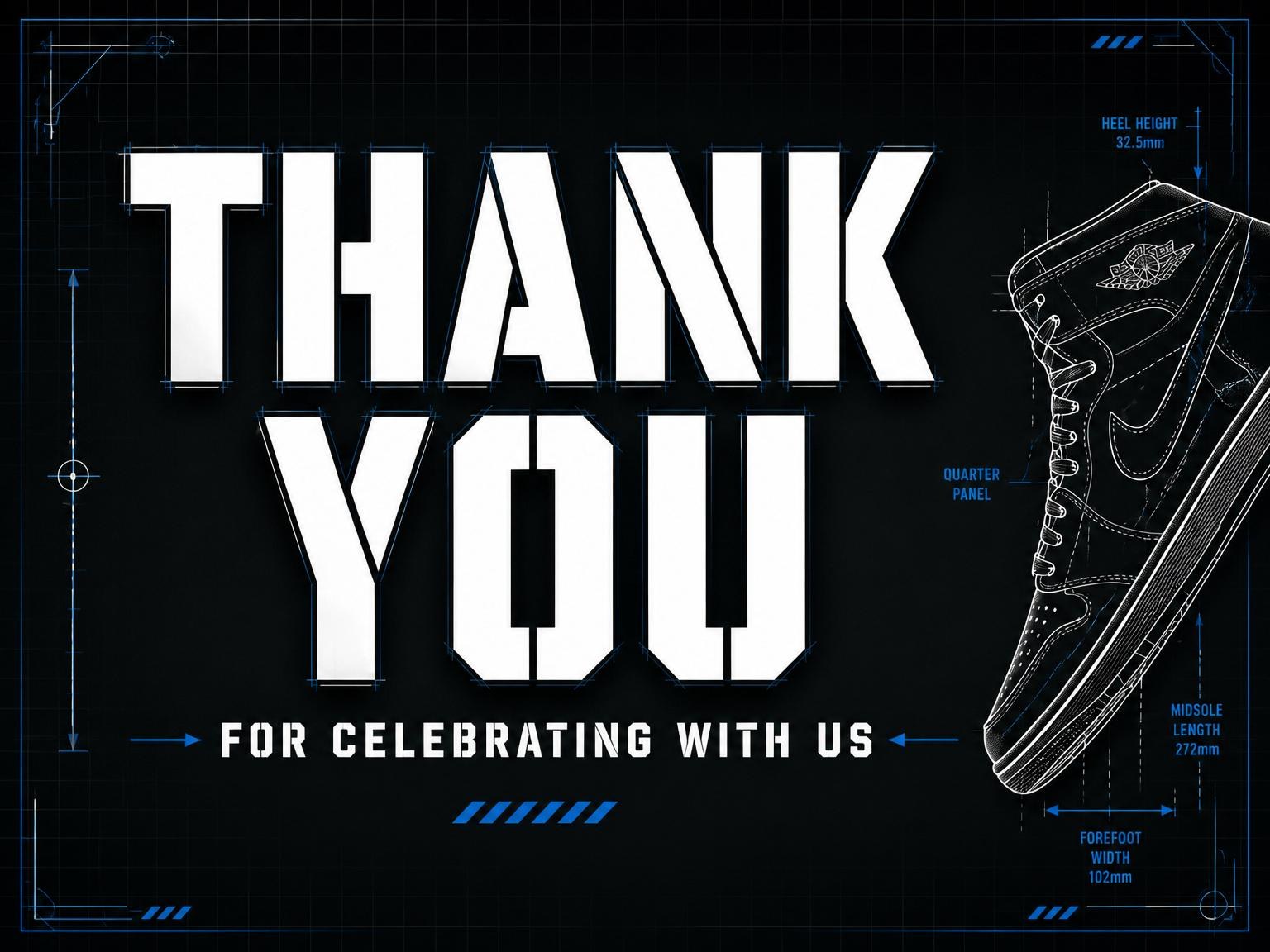 The matching thank-you card for the Industrial Sneaker Blueprint 13th Birthday Invitation invitation