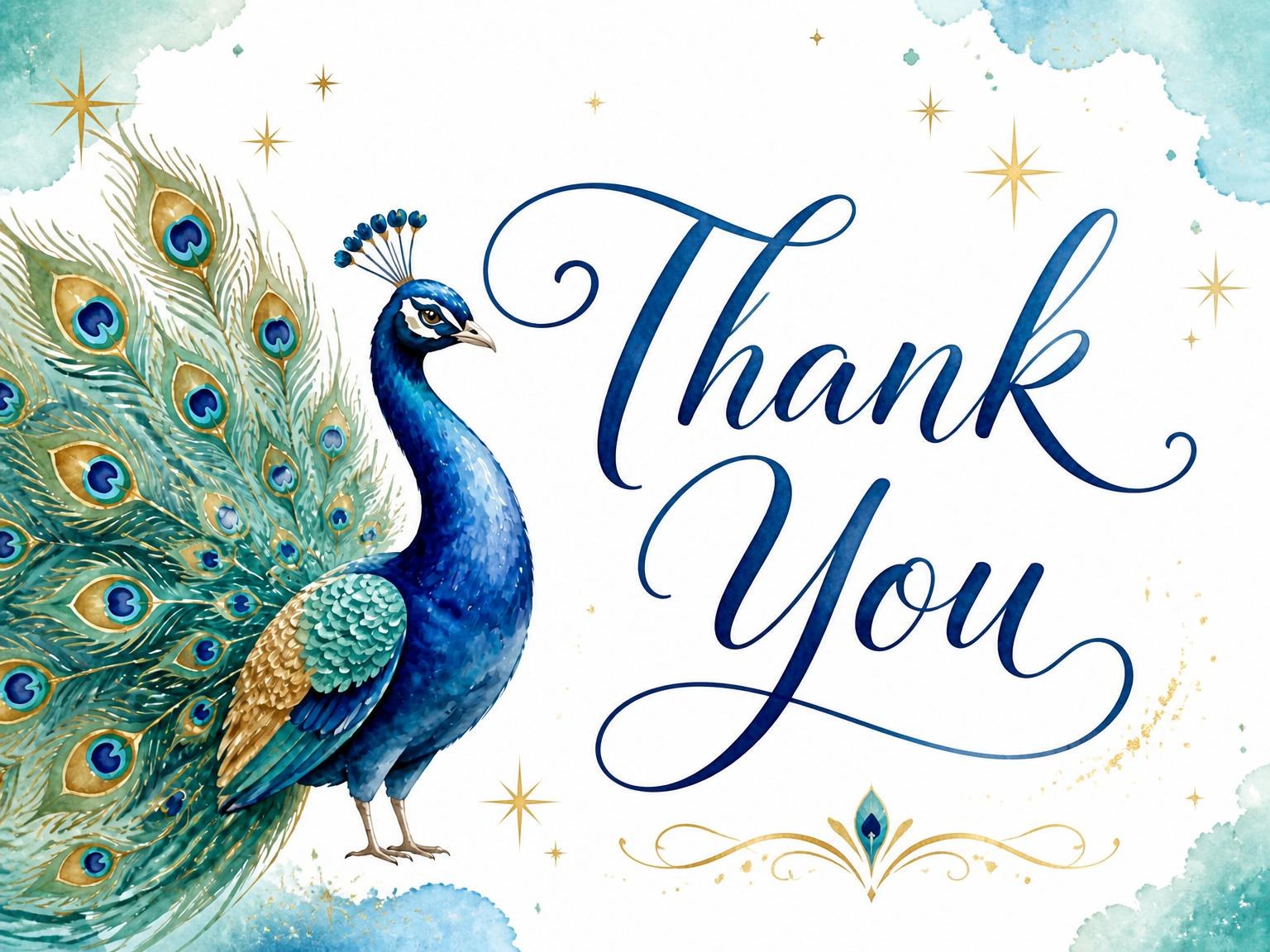The matching thank-you card for the Watercolor Teal Peacock 6th Birthday Invitation invitation