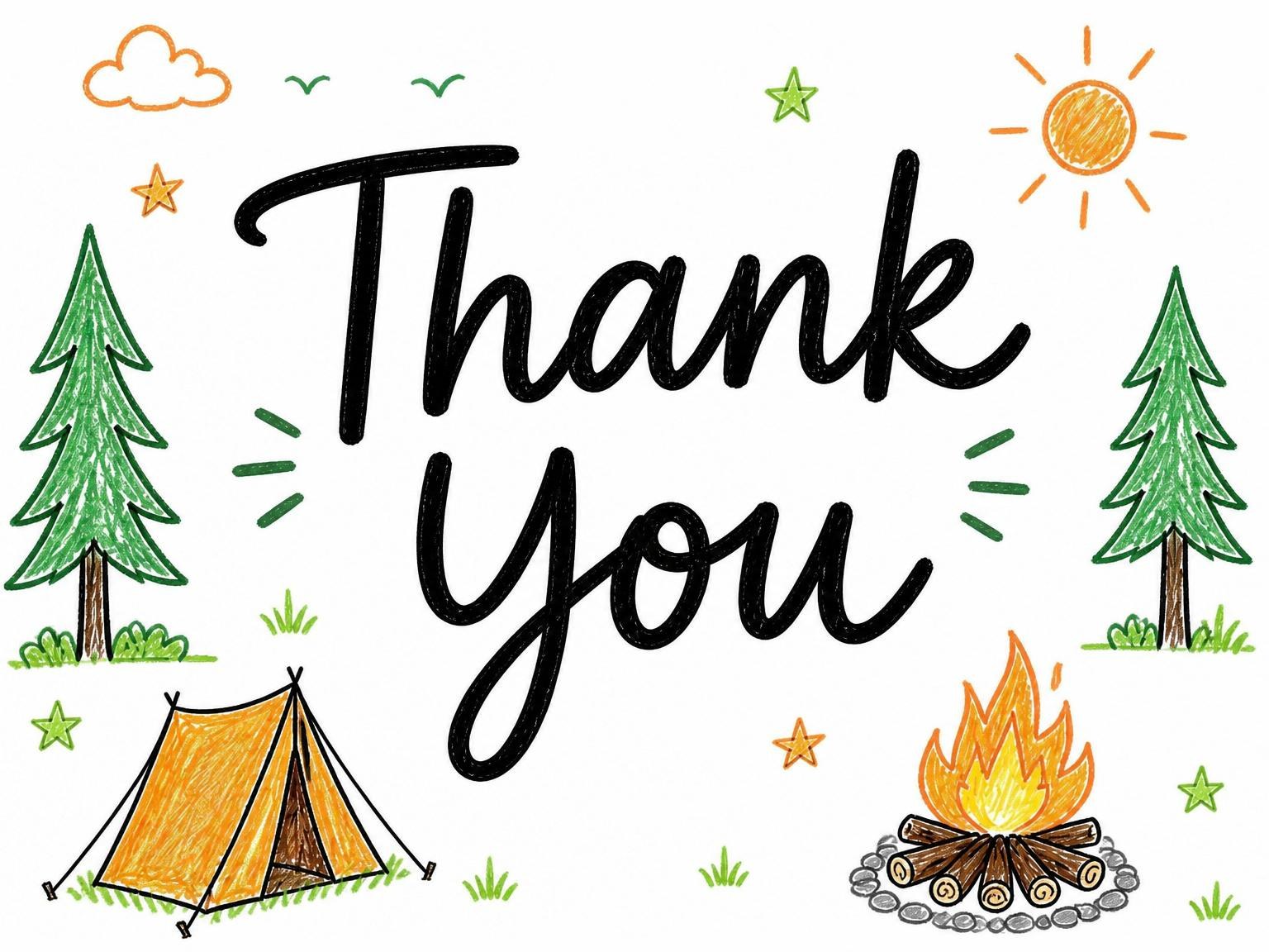 The matching thank-you card for the Crayon Sketch Camping 5th Birthday invitation