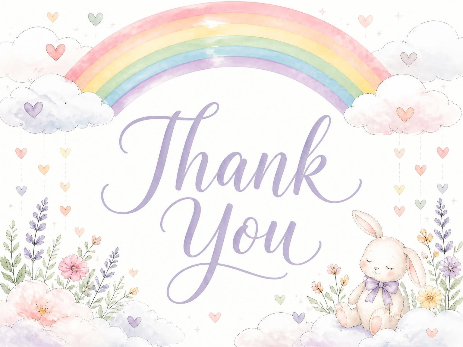 The matching thank-you card for the Watercolor Bunny Rainbow Baby Shower invitation