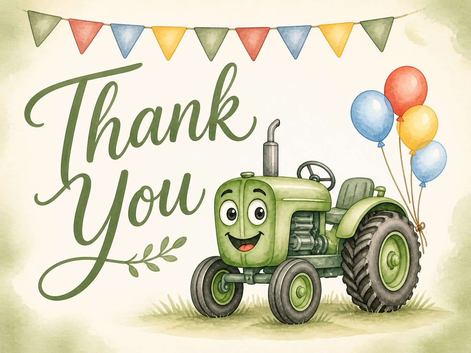 The matching thank-you card for the Watercolor Tractor Farm 1st Birthday invitation