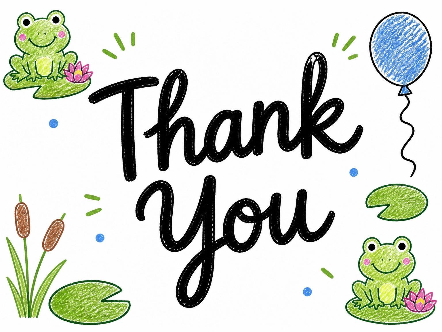 The matching thank-you card for the Crayon Frog Balloon 2nd Birthday invitation