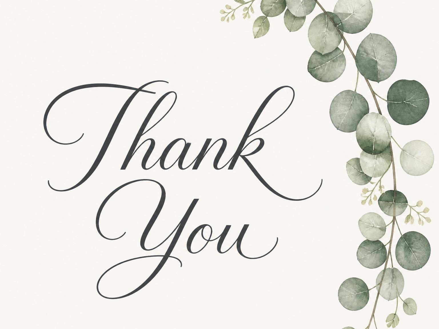 The matching thank-you card for the Cream Watercolor Eucalyptus Bridal Shower invitation