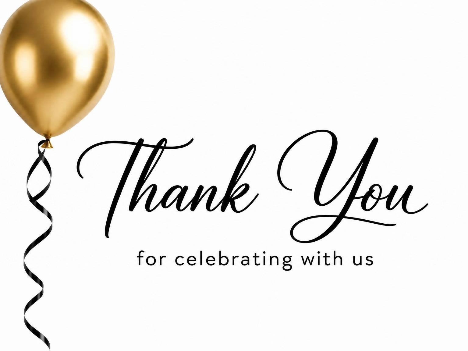 The matching thank-you card for the Metallic Gold Balloon 12th Birthday Invitation invitation